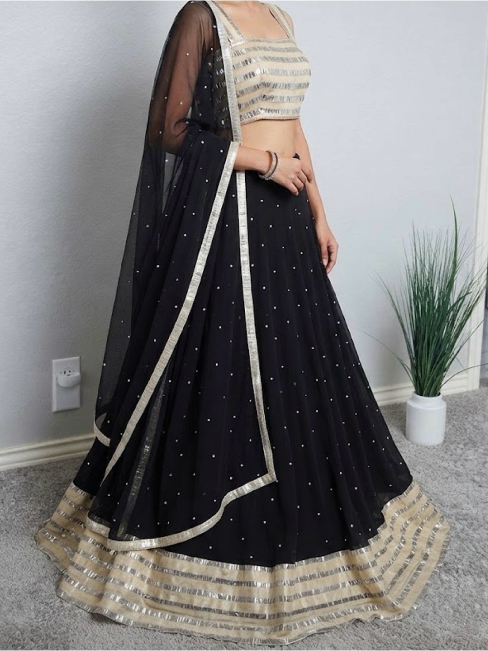 Black lehenga Choli  beige net sequins, sleeves. Duppatta. Size. S